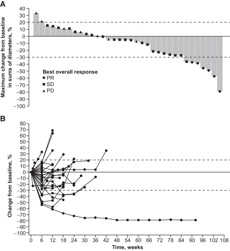 Figure 1. Change in tumor size from baseline: Maximum change (A) and change over time (B). NE, not evaluable; PD, progressive disease.