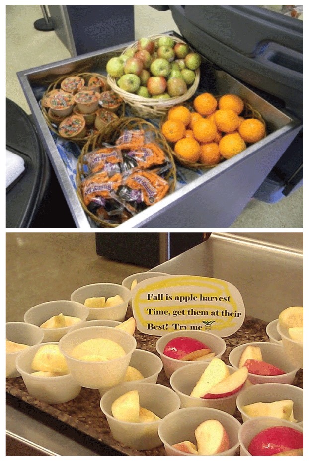 Pictures show strategies implemented in intervention schools. The first photo shows container displays, and the second photo shows samples of sliced fruit and signage.