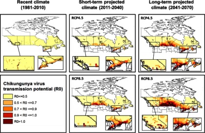 Five maps indicating recent climate (1981–2010), short-term projected climate (2011–2040) for RCP4.5 and RCP8.5, and long-term projected climate (2041–2070) for RCP4.5 and RCP8.5. Chikangunya virus transmission potential (R subscript 0) ranges are less than or equal to 0.5; greater than 0.5 to less than or equal to 0.7; greater than 0.7 to less than or equal to 0.9; greater than 0.9 to less than or equal to 1.0; and greater than 1.0.