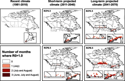 Five maps indicating recent climate (1981–2010), short-term projected climate (2011–2040) for RCP4.5 and RCP8.5, and long-term projected climate (2041–2070) for RCP4.5 and RCP8.5. The number of months where R subscript 0 is greater than 1.0 are 0, 1 (July), 2 (July and August), and 3 (June, July, and August).