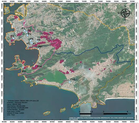 Map of the municipality of Niterói with sampling points. Source: Sistema de Gestão da Geoinformação (SIGEO). Secretaria de Planejamento, Orçamento e Modernização da Gestão. Prefeitura de Niterói.