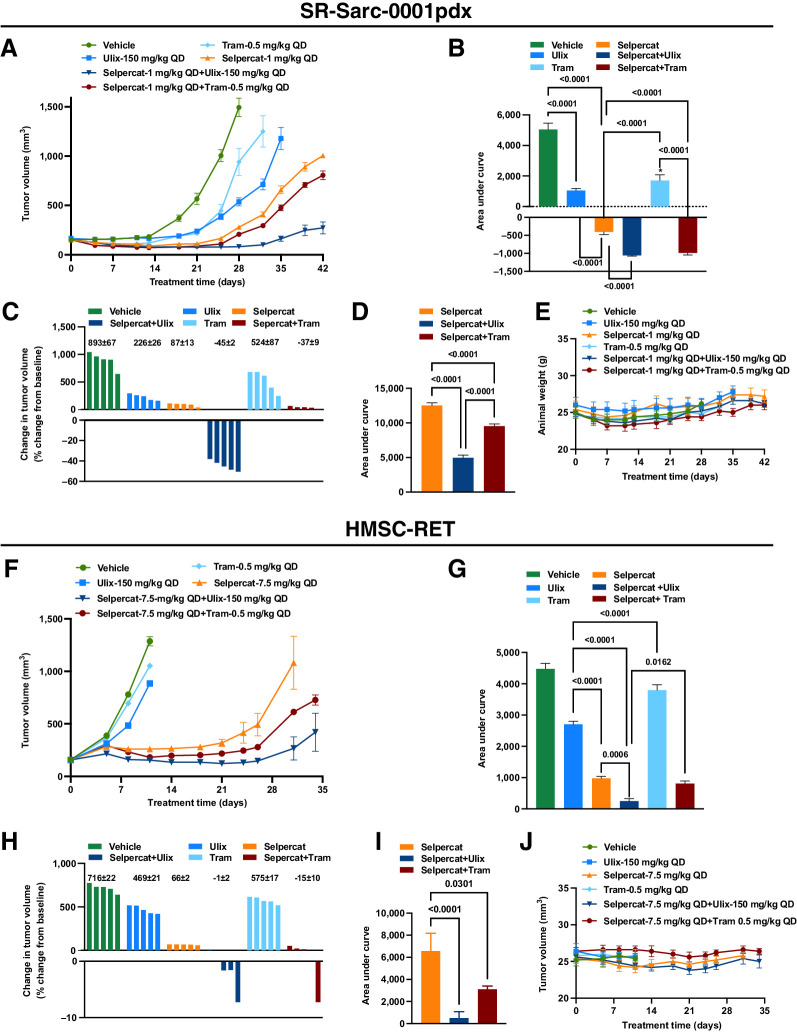 Figure 7. Combine targeting of RET and MEK or ERK is more effective at inhibiting tumor growth than single agents. Mice bearing SR-Sarc-0001pdx or HMSC-RET xenograft tumors were treated with vehicle, selpercatinib (Selpercat), ulixertinib (Ulix), trametinib (Tram), or the indicated combinations. A, Volume of SR-Sarc-0001pdx tumors. Treatment began 13 days after implantation (day 0 on graph). B, AUC analysis of data up to day 28 of treatment (last day that all animals were alive). The mean tumor volume of each treatment group was significantly different from the vehicle group (P < 0.0001). C, AUC analysis of data up to day 42 of treatment (last measurement). D, Percent change in volume of individual tumors on day 28. The mean ± SEM values are shown above the bars. All data represent the mean tumor volume ± SEM of five tumors. E, Animal weight. No treatment caused a statistically significant change in animal weight or other aspects of health. F, Volume of HMSC-RET xenograft tumors. Treatment began nine days after implantation (day 0 on graph). G, AUC analysis of data up to day 11 of treatment (last day that all animals were alive). Tumor volume of all treatment groups was significantly different from the vehicle group (P < 0.0001). H, AUC analysis of data up to day 31 of treatment (last day all animals were alive in the three groups). I, Percent change in volume of individual tumors on day 11. The mean ± SEM values are shown above the bars. All data represent the mean tumor volume ± SEM of five tumors. J, Animal weight. No treatment caused a statistically significant change in animal weight or other aspects of health. BID, twice daily; QD, once daily.