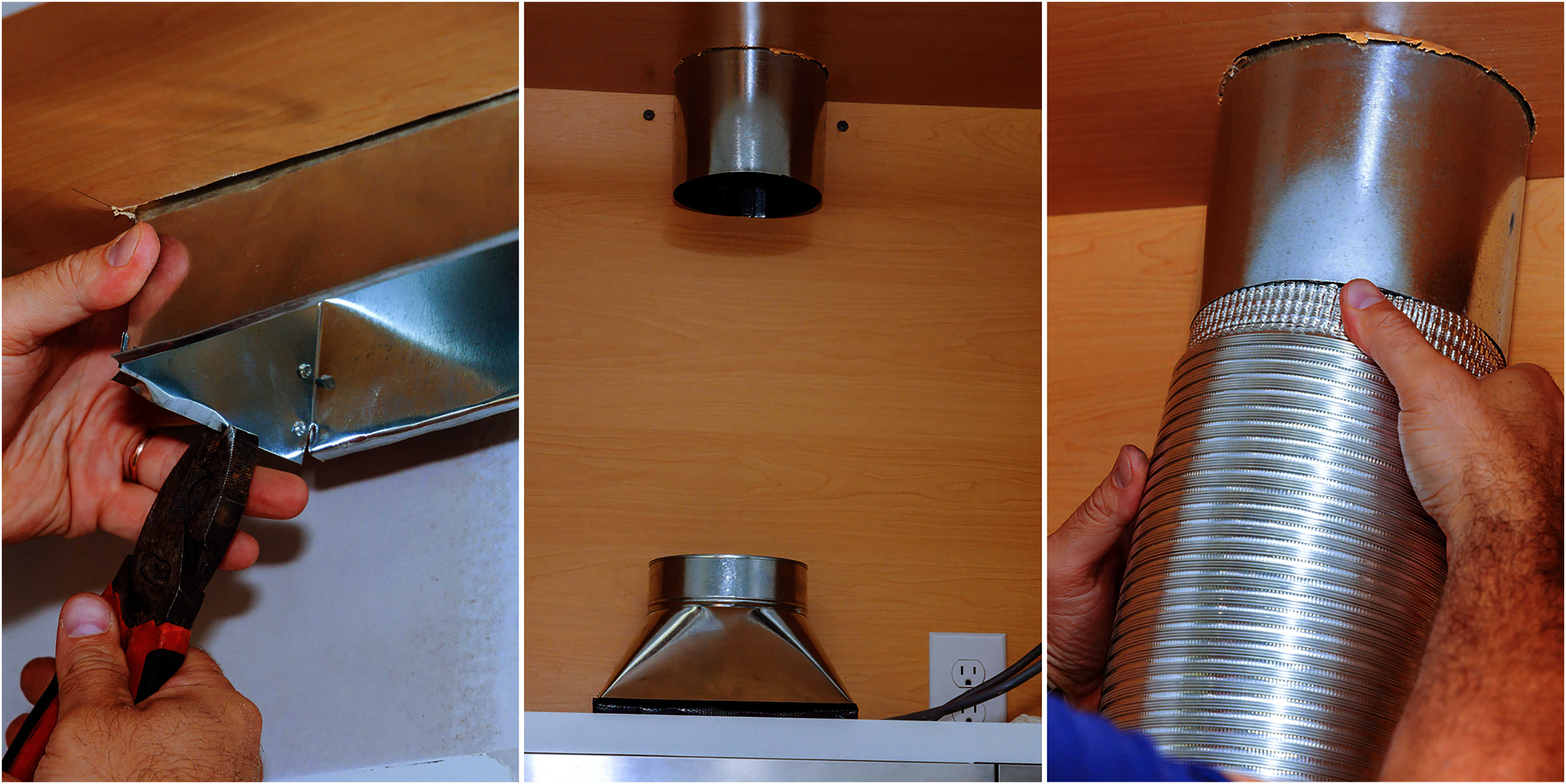 A sequence of three images shows steps in installing an intake vent and the duct inside a cabinet