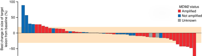 Figure 1. Efficacy of brigimadlin in patients with advanced/metastatic solid tumors in phase Ia. Best change in size of target lesion from baseline in all patients enrolled to phase Ia.