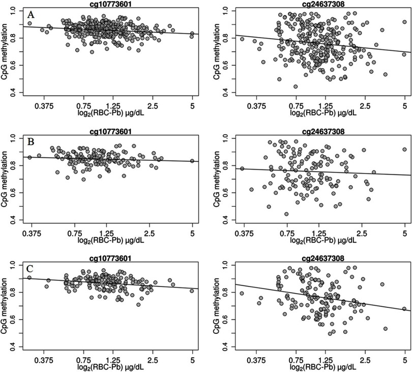 Figure 1A is a scatter plot with a regression line showing CpG methylation (y-axis) for red blood cells cg10773601 and cg24637308 across log sub 2(RBC-Pb) in micrograms per deciliter (x-axis) in newborns. Figures 1B and 1C are scatter plots showing the same for male infants and female infants, respectively.