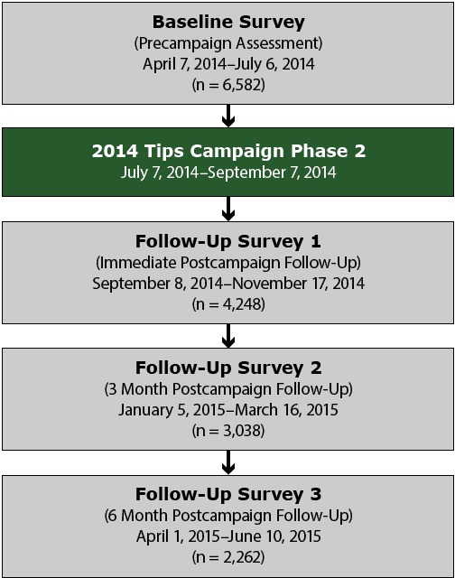 The baseline survey (precampaign assessment) took place from April 7, 2014, to July 6, 2014 (n = 6,582). Phase 2 of the 2014 Tips campaign took place from July 7, 2014, to September 7, 2014. Follow-up survey 1 (immediate postcampaign follow-up) took place September 8, 2014, to November 17, 2014 (n = 4,248). Follow-up survey 2 (3 month postcampaign follow-up) took place January 5, 2015, to March 16, 2015 (n = 3,038). Follow-up survey 3 (6 month postcampaign follow-up) took place April 1, 2015, to June 10, 2015 (n = 2,262).