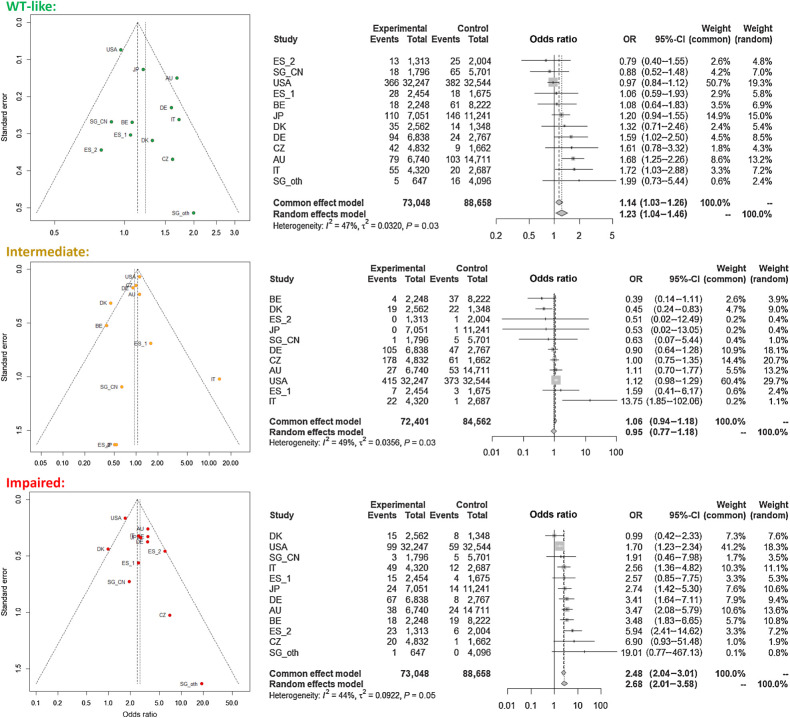 Figure 6. Funnel plot (left) and forest plots (right) for individual datasets of breast cancer cases and controls from 12 datasets (10 countries) stratified according to the functional categorization.