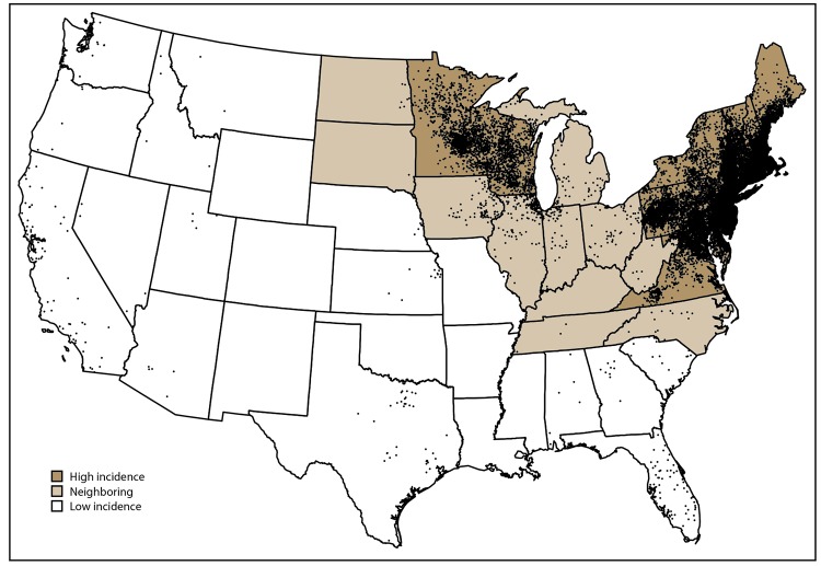 Map of the United States shows the average number of confirmed cases of Lyme disease by county of residence for the years 2008 to 2015. States with an average annual incidence ≥10 confirmed Lyme disease cases per 100,000 population were classified as high incidence, states that share a border with those states or are located between states with high incidence were classified as neighboring, and all other states were classified as low incidence.