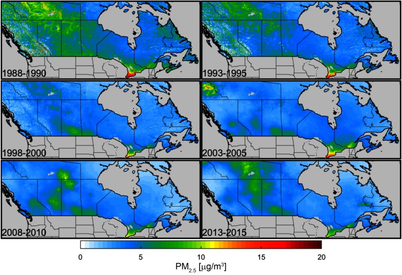 Figure 1 comprises six maps of Canada with spatial distribution of PM sub 2.5 (ranging from 0 to 20 micrograms per cubic meter on a scale), for the following spans of years: 1988 to 1990, 1993 to 1995, 1998 to 2000, 2003 to 2005, 2008 to 2010, and 2013 to 2015.