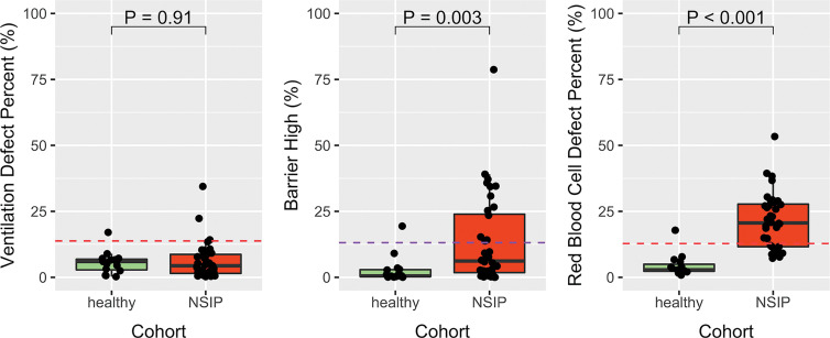 Box plots show ventilation defect percentage, high barrier uptake percentage, and red blood cell defect percentage in healthy control participants and participants with nonspecific interstitial pneumonia (NSIP). Horizontal dashed lines indicate observed 95th-percentile values in healthy control participants as determined using mean + 2 standard deviations in healthy control participants. Each black dot is an individual study participant. Horizontal solid lines are first quartile, median, and third quartile. Both high barrier uptake percentage and red blood cell defect percentage were higher in participants with NSIP than in healthy control participants (median, 6.2% [first quartile, 1.8%; third quartile, 23.9%] vs 0.53% [first quartile, 0.33%; third quartile, 2.9%]; P = .003 and median, 20.6% [first quartile, 11.6%; third quartile, 27.8%] vs 2.8% [first quartile, 2.3%; third quartile, 4.9%]; P < .001, respectively). Ventilation defect percentage did not differ between the two groups (median, 4.4% [first quartile, 1.5%; third quartile, 8.7%] vs 6.0% [first quartile, 2.8%; third quartile, 6.9%]; P = .91).