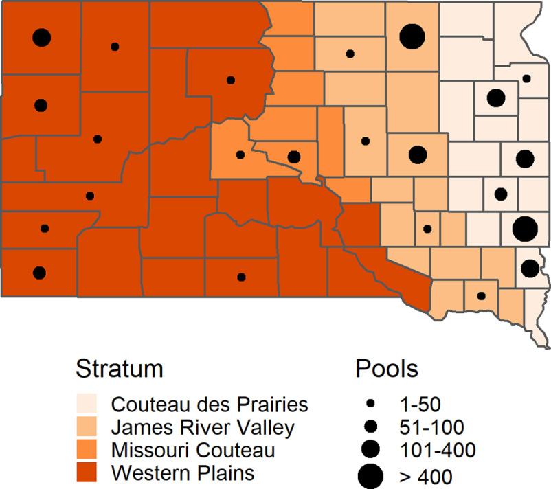 Figure 1 is a map of South Dakota, United States, depicting the total number of tested mosquito pools from 2004 to 2019 and the modeling of the mosquito infection growth rate in the counties by using the geographic strata. The Stratum is divided into four categories, namely, Couteau des Prairies, James River Valley, Missouri Couteau, and Western Plains. A scale depicts Pools ranges as 1 to 50, 51 to 100, 101 to 400, and greater than 400.