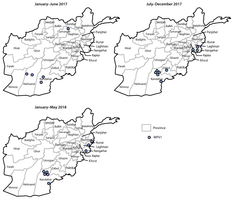 The figure above is a map of Afghanistan showing the location of wild poliovirus 1 cases by province during January 2014–May 2018.