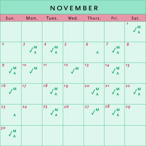 Sample Calendar for Recording Recovery Contract Activities