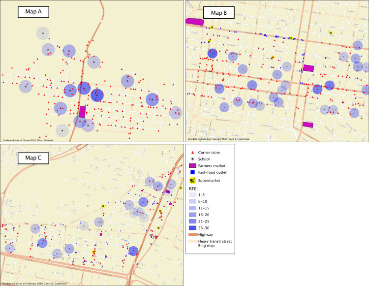 Map A portrays the food environment in Chisec, which includes 204 corner stores in an area of 0.98 square miles and contains 15 schools and 1 market. The areas surrounding 8 schools have a higher RFEI than the average of the entire setting. The mean RFEI for Chisec is 12.9, and it is therefore classified as a food swamp. Map B shows the food environment in zone 1 of Guatemala City, which includes 193 corner stores in an area of 1.03 square miles. Zone 1 contains 26 schools, 4 markets, 5 supermarkets, and 42 fast-food outlets. The areas surrounding 18 schools have a higher RFEI than the mean in zone 1. The mean RFEI for zone 1 is 12.6 and it is therefore considered a food swamp. Map C shows the food environment in zone 10 of Guatemala City, which includes 87 corner stores in an area of 1.27 square miles. Zone 10 contains 19 schools, 3 markets, 5 supermarkets, and 60 fast-food outlets. The areas surrounding 5 schools have a higher RFEI than the mean of the entire setting. The mean RFEI for zone 10 is 8.3, classifying it as a food swamp.