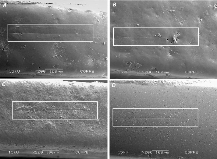 Figure 4. Photomicrographs of scratches formed on the samples after scratch tests. (A) OM group, (B) OO group, (C) TP group, and (D) TN group. Original magnification at 200×.