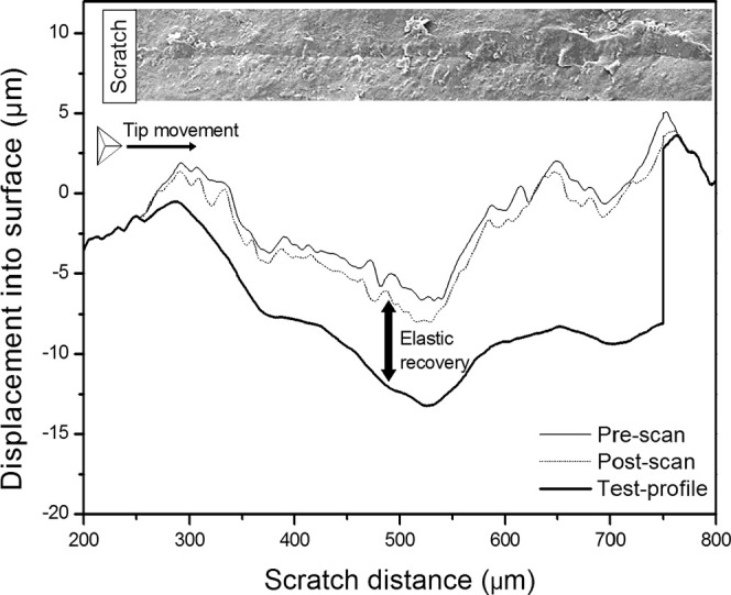 Figure 1. Example of a scratch test performed on the TP sample using ramping loads from 0 to 500 mN. The SEM image shows the scratch formed after load removal. The parameter elastic recovery is indicated by the arrow.