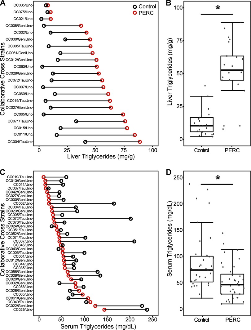 Panels A and C are graphical representations indicating collaborative cross strains (y-axis) across liver triglycerides in milligrams per gram and serum triglycerides in milligrams per deciliter (x-axis), respectively, for control and PERC-treated mice. Panels B and D are box-and-whisker plots indicating liver triglycerides in milligrams per gram and serum triglycerides in milligrams per deciliter (y-axis), respectively, for control and PERC-treated mice (x-axis).