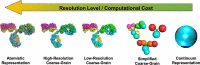 Representation of the structure of a monoclonal antibody using different levels of modeling resolution, including atomistic, high-resolution coarse-grain, low-resolution coarse-grain, simplified coarse-grain, and continuum model representations.