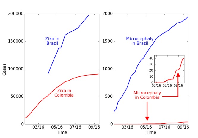 Reported cases of microcephaly and of Zika in Brazil and Colombia. A. Cumulative reported cases of Zika in Brazil and Colombia. B. Total microcephaly cases reported in Brazil and Zika associated microcephaly cases reported in Colombia. The number of Zika cases in Colombia is lower by a factor of 2, while the number of microcephaly cases is lower by a factor of 50. (Brazil reports total microcephaly numbers and does not distinguish those linked to Zika. Colombia reports only Zika-linked microcephaly cases. The historical background rate of microcephaly in Colombia is 140 per year.)