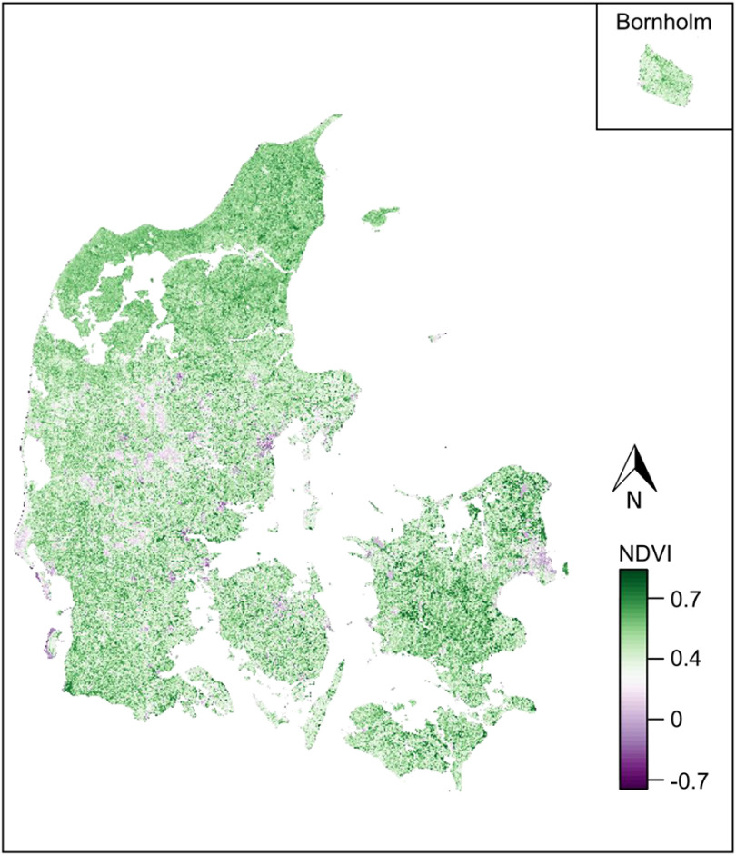 Figure 1 is a map of Denmark depicting calculated distribution of the normalized difference vegetation index from 1985 to 2013. High values of normalized difference vegetation index depict dense vegetation such as multilayered forests, and Low values of normalized difference vegetation index depicts areas with no or very little vegetation such as parking lots. A scale depicting normalized difference vegetation index ranges from negative 0.7 to 0 in increments of 0.7, 0 to 0.4 in increments of 0.4, and 0.4 to 0.7 in increments of 0.3.