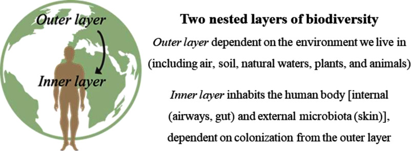 Figure 1 is an illustration that indicates that the outer layer is related to the inner layer and features a symbol of Earth and a stick figure of a human. The following information is given: Two nested layers of biodiversity: Outer layer dependent on the environment we live in (including air, soil, natural waters, plants, and animals). Inner layer inhabits the human body [internal (airways, gut) and external microbiota (skin)], dependent on colonization from the outer layer.