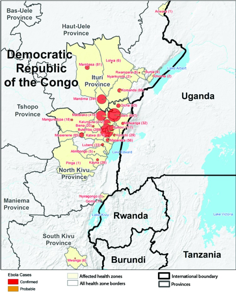 The figure is a map of the North Kivu, South Kivu, and Ituri provinces in the Democratic Republic of the Congo, showing the geographic distribution of confirmed and probable cases of Ebola virus disease by health zones during April 30, 2018–November 17, 2019.