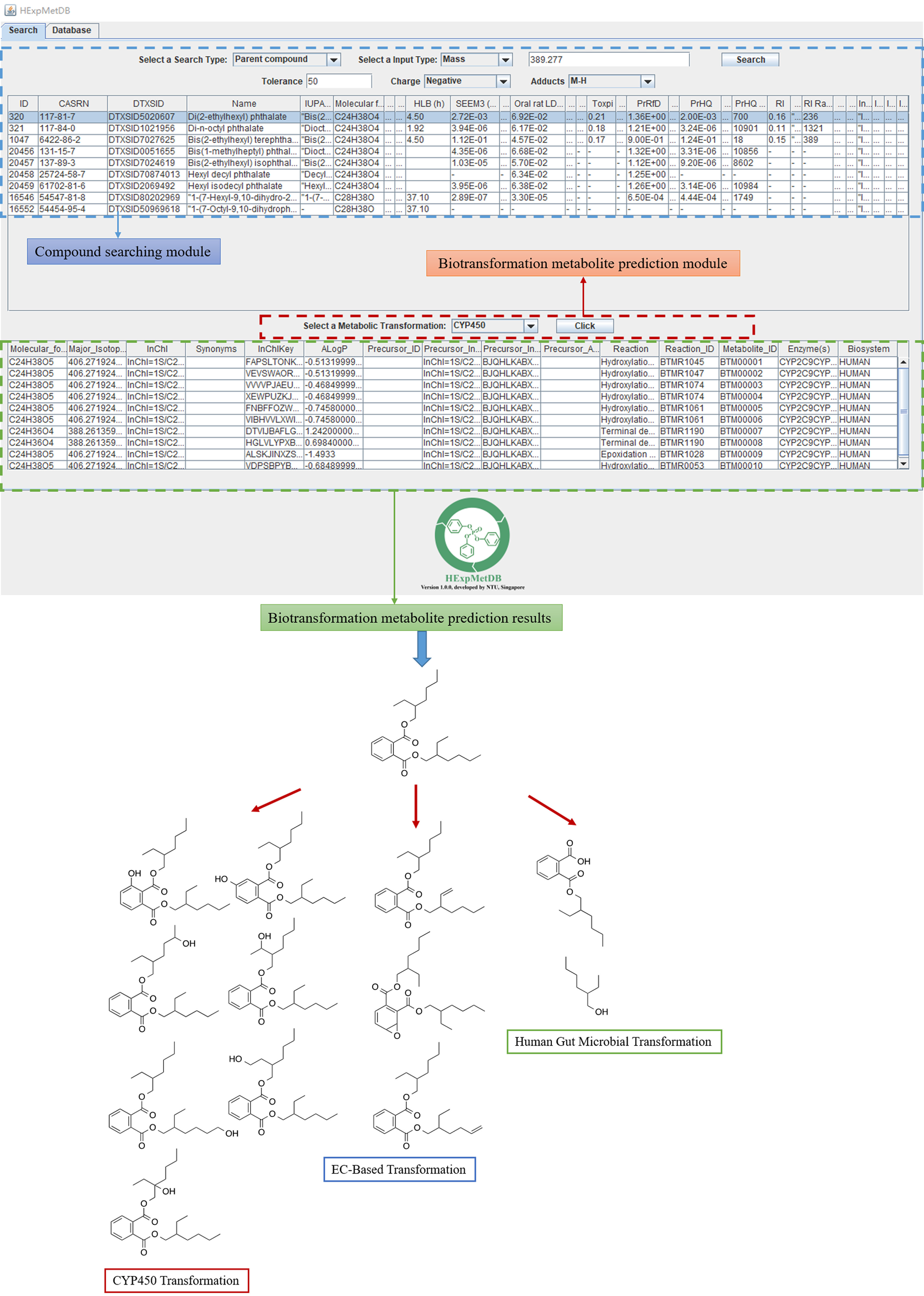 Figure 5 is a flow chart having two steps. Step 1: A tabular representation titled search has fifteen columns and ten rows. The columns are: Identification number, Chemical Abstracts Service Registry Number, Distributed Structure-Searchable Toxicity substance identifier displays compound searching module, name, International Union of Pure and Applied Chemistry, molecular, biotransformation half-life, Systematic Empirical Evaluation of Models, Oral rat Lethal Dose, Toxicological Priority Index, probabilistic reference dose, probabilistic hazard quotient, probabilistic hazard quotient, risk index, and risk index ratio. Below, another tabular representation titled select a metabolic transformation displays biotransformation metabolite prediction module has fifteen columns and eleven rows. The columns are: molecular, major isotope, International Chemical Identifier, synonyms, InChlkey, AlogP, Precursor underscore I D, Precursor, Precursor, Precursor, reaction, reaction identifier, metabolite identifier, enzyme, and biosystem. Step 2: Step 1 and Human Exposome and Metabolite Database with chemical formula icon inside a circle lead to biotransformation metabolite prediction results. Step 3: biotransformation metabolite prediction results has three chemical components: Cytochrome 450 transformation, E C based transformation, and Human gut Microbial transformation. All three chemical components have chemical formula structure.