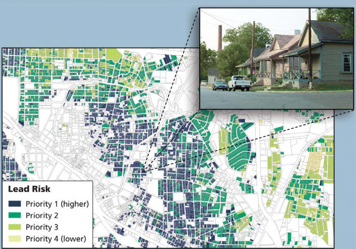 New tech on the block. GIS technology can help public health officials pinpoint the worst environmental health hazards on a house-by-house basis. Here, researchers mapped expected lead exposures in Durham, North Carolina.