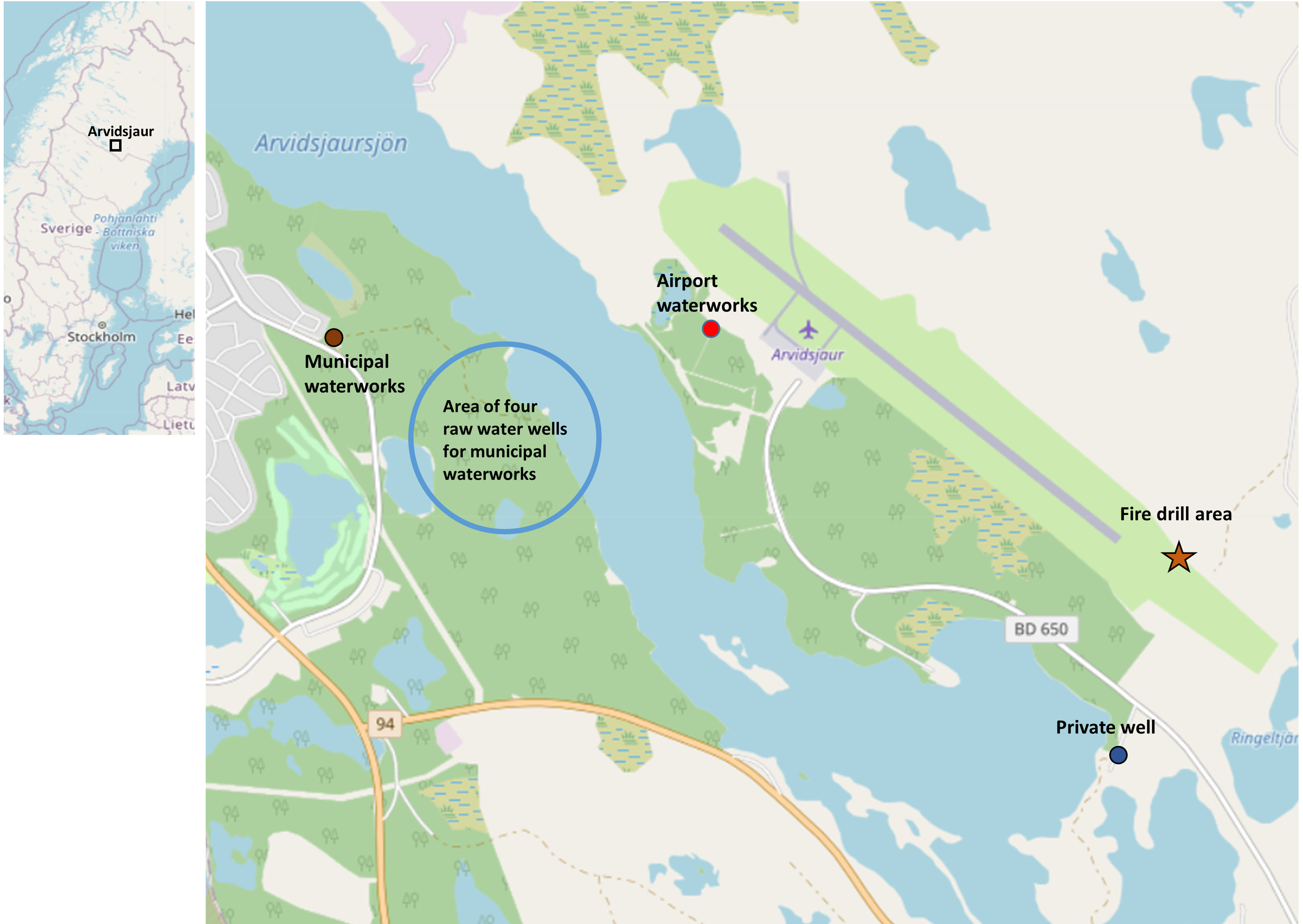 Figure 1 is a map of Arvidsjaur municipality and the regional airport, plotting information for fire drill area, two waterworks, the private well and area of four raw water wells for municipal waterworks.