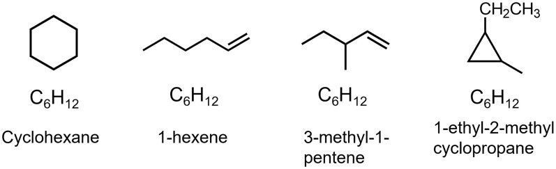 Figure 1 is a set of four chemicals with the same molecular formulation, C6H12. The first chemical, cyclohexane, has a six-carbon ring. The second chemical, 1-hexene, has an unbranched structure. The third chemical, 3-methyl-1-pentene, has one branch. The fourth chemical, 1-ethyl-2-methyl cyclopropane, has a three-carbon ring.