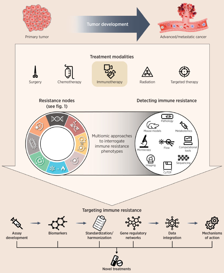 Figure 2. Efforts to better understand resistance continue to be of great interest to the oncology community. We postulate that resistance mechanisms to immune-checkpoint blockade converge on eight resistance nodes. A deep and systematic characterization of the eight resistance nodes, using integrated multiomic measurements, is likely to inform better clinical trial design, identify clinically actionable insights, discover composite biomarkers, and reveal new drug targets and treatment combinations. Future advancements will likely provide highly accurate prediction capabilities, making it possible to identify patients who might resist immunotherapy so that more meaningful treatments can be applied. CyTOF, cytometry by time of flight.