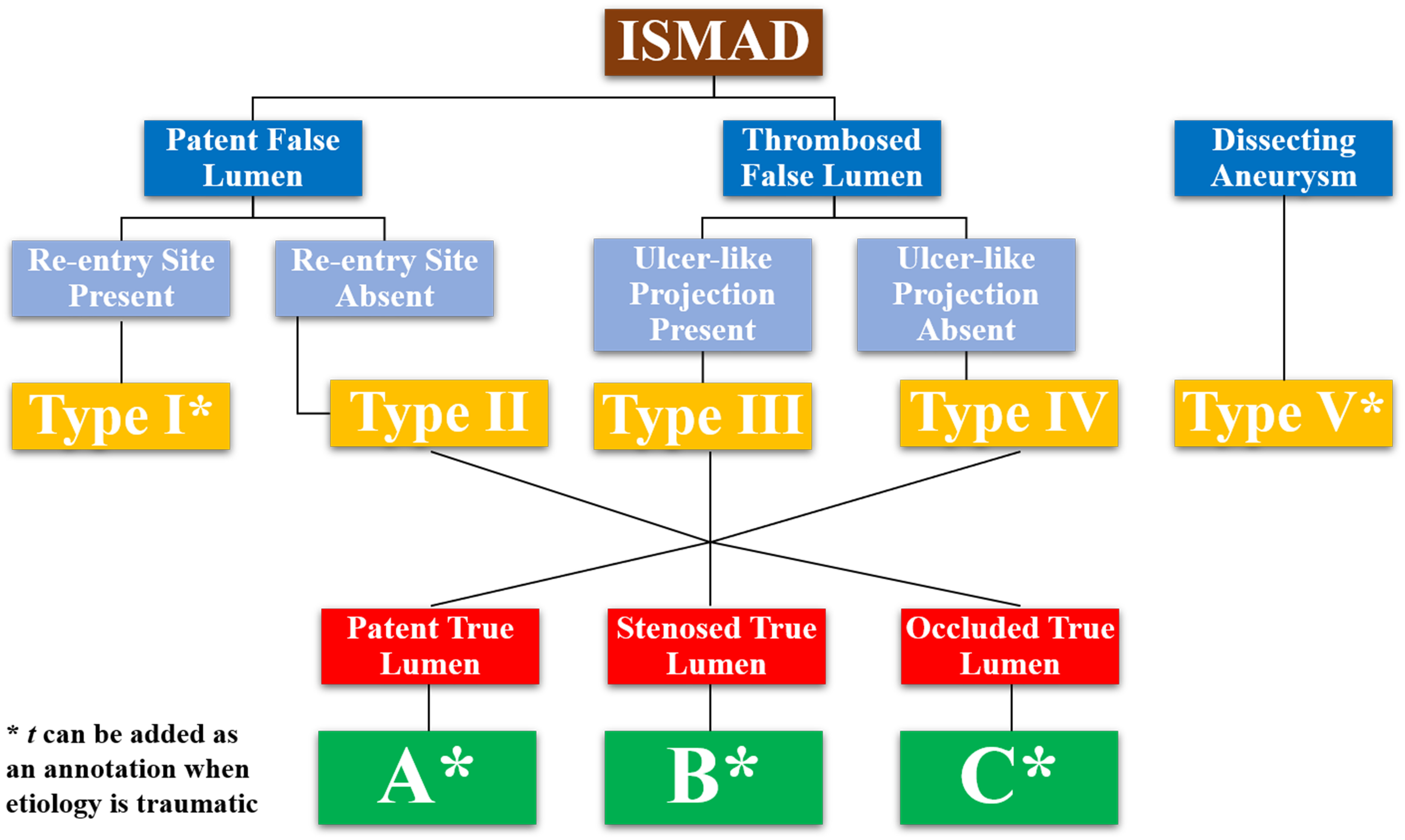 Fig. 5 Li’s classification system of isolated superior mesenteric artery dissection with a proposed addition of subclass t to indicate traumatic etiology.