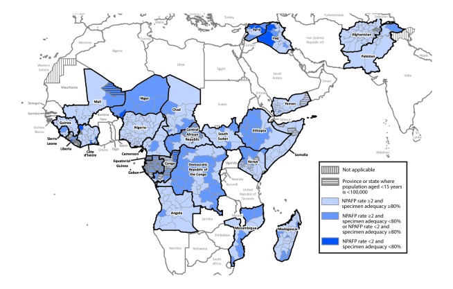 The figure above is a map illustrating locations of the combined performance indicators for the quality of acute flaccid paralysis surveillance in subnational areas (states and provinces) of 26 countries in the World Health Organization African and Eastern Mediterranean Regions that had poliovirus transmission during 2011–2016 or were affected by the Ebola outbreak in West Africa during 2014–2015 in 2016.