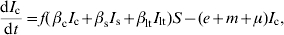 {{{\rm d}I_{\rm c} } \over {{\rm d}t}} \equals f\lpar\, \beta _{\rm c} I_{\rm c} \plus \beta _{\rm s} I_{\rm s} \plus \beta _{{\rm lt}} I_{{\rm lt}} \rpar S \minus \lpar e \plus m \plus \mu \rpar I_{\rm c} \comma