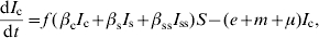 {{{\rm d}I_{\rm c} } \over {{\rm d}t}} \equals f\,\lpar\, \beta _{\rm c} I_{\rm c} \plus \beta _{\rm s} I_{\rm s} \plus \beta _{{\rm ss}} I_{{\rm ss}} \rpar S \minus \lpar e \plus m \plus \mu \rpar I_{\rm c} \comma