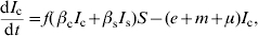 {{{\rm d}I_{\rm c} } \over {{\rm d}t}} \equals f\lpar\, \beta _{\rm c} I_{\rm c} \plus \beta _{\rm s} I_{\rm s} \rpar S \minus \lpar e \plus m \plus \mu \rpar I_{\rm c} \comma