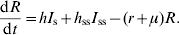 {{{\rm d}R} \over {{\rm d}t}} \equals hI_{\rm s} \plus h_{{\rm ss}} I_{{\rm ss}} \minus \lpar r \plus \mu \rpar R.