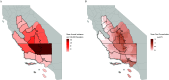 Figure 1A is a map of California, United States, depicting the mean annual incidence of coccidioidomycosis per 100,000 population. A scale ranges from 40 to 160 in increments of 40. Figure 1B is a map of California, United States, depicting the dust concentration (micrograms per meter cubed), ranging from 0.4 to 1.6 in increments of 0.4.