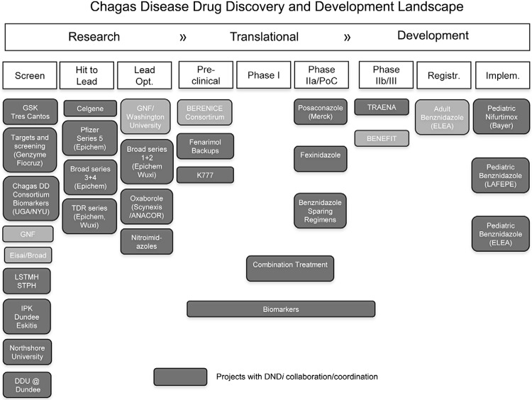 Chagas disease drug discovery and development landscape in 2013/2014. Research
activities: public and private partners are engaged in the screening of chemical
libraries, hit to lead and lead optimisation of new series for Chagas disease
treatment; Translational activities: pre-clinical studies, Phase I and IIa studies
with new compounds are underway; Development activities: two double-blind,
placebo-controlled clinical trials are testing the potential beneficial effects of
benznidazole (BZ) in chronic Chagas disease. The Argentine company Elea
Laboratories is manufacturing the generic version of BZ under the tradename
Abarax. Paediatric formulations of BZ and nifurtimox are being implemented.
BENEFIT: Benznidazole Evaluation for Interrupting Trypanosomiasis; BERENICE:
Benznidazole and Triazole Research Group for Nanomedicine and Innovation on
Chagas Disease; Broad: Broad Institute; DDU@Dundee: Drug
Discovery Unit at Dundee University; DNDi: Drugs for Neglected
Diseases initiative; GNF: Genomics Institute of the Novartis
Research Foundation; IPK: Institute Pasteur Korea; LSTMH: London School of
Tropical Medicine & Hygiene; NYU: New York University; STPH: Swiss Tropical
and Public Health Institute; TRAENA: Tratamiento con Benznidazol en pacientes
Adultos con Enfermedad de Chagas Crónica; UGA: University of Georgia.