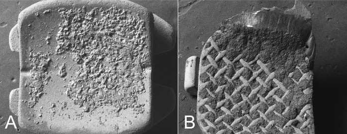 Figure 3. Scanning electron micrographs of debonded ceramic bracket (A) and metal bracket (B).