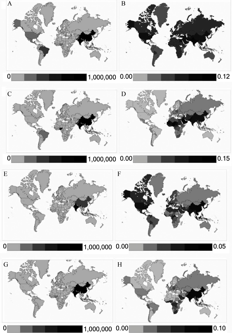 Figures 4a, 4b, 4c, and 4d are world maps marking areas with asthma ERVs attributable to total number of cases for ozone, fraction of national asthma ERVs for ozone, total number of cases for PM sub 2.5, and fraction of national asthma ERVs for PM sub 2.5, respectively. Figures 4e, 4f, 4g, and 4h show the same results using anthropogenic concentrations.