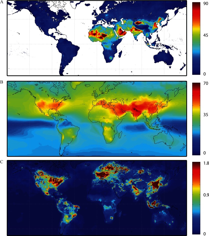 Figures 1a, 1b, and 1c are world maps of concentrations of PM sub 2.5 derived from satellite remote sensing, ozone from chemical transport models, and N O sub 2 from satellite remote sensing, respectively.