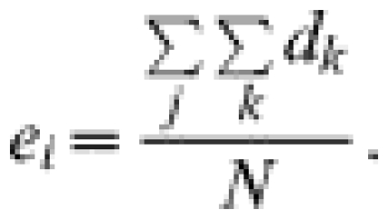 e_{i} = {{\scale 80% \sum \vskip 8\hskip -5 }\limits_{j}\hskip 4 {\scale 80% \sum \vskip 8 \hskip -5 }\limits_{k} \hskip 2 d_{k} \over {N}} . \hfill