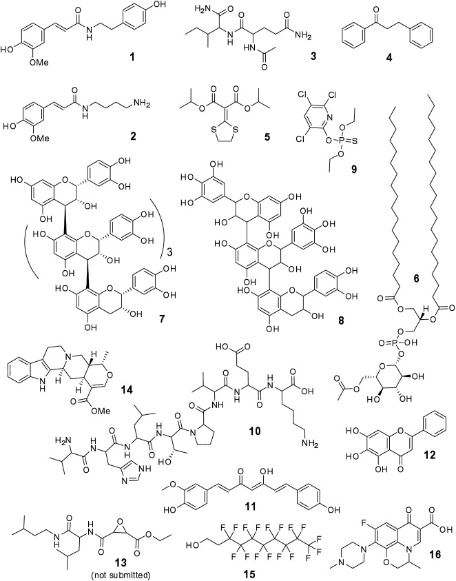 Fig. 2. Chemical structures of leading solutions (Newsome/Nikolic) for CASMI 2013 Challenges 1 through 16 (Category 2).