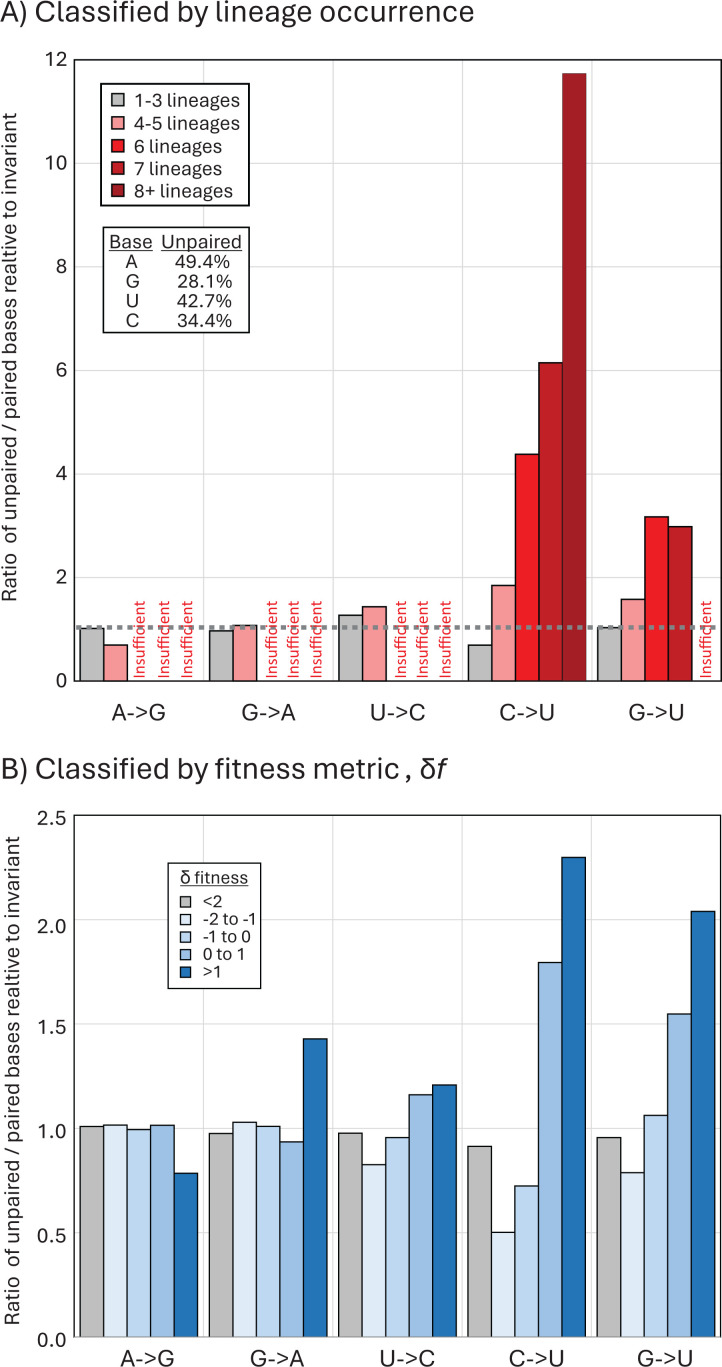 Two bar charts. Top chart classifies mutations by lineage occurrence, depicting ratio of unpaired to paired bases across different mutation types. Bottom chart classifies these mutations by fitness metric, reflecting evolutionary selection pressures.