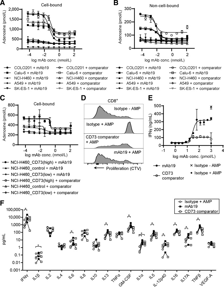 Figure 2. mAb19 potently inhibited the CD73/adenosine pathway. A, Inhibition of cell-bound CD73. COLO201, Calu6, NCI-H460, A549 or SK-ES-1 cells were incubated with mAb19 or the CD73 comparator antibody, washed, and adenosine levels after addition of AMP were measured by HPLC/MS-MS. The data shown represent mean ± SD of two biological replicates. B, Inhibition of non–cell-bound CD73. COLO201, Calu6, NCI-H460, A549, or SK-ES-1 cells were incubated with mAb19 or the CD73 comparator antibody. Supernatants were taken and incubated with AMP followed by measurement of adenosine by HPLC/MS-MS. The data shown represent mean ± SD of two biological replicates. C, As in A, using isogenic NCI-H460_CD73(high), NCI-H460_control or NCI-H460_CD73(low) cell lines. D, Isolated human T cells were stimulated with anti-CD3/anti-CD28 and incubated with mAb19 or the CD73 comparator antibody in the presence of AMP. T-cell proliferation was determined by labeling with CTV. E, Isolated human T cells were treated as in D, supernatants were taken and analyzed for IFNγ. The data shown represent mean ± SD of two biological replicates. F, Isolated human T cells from 4 donors were treated as in D, with 1 nmol/L mAb19 or the CD73 comparator antibody for 6 days, supernatants were taken and analyzed for the cytokines indicated. Each circle represents one donor and is the mean ± SD of five biological replicates. Significance is indicated by asterisks; *, P < 0.05.