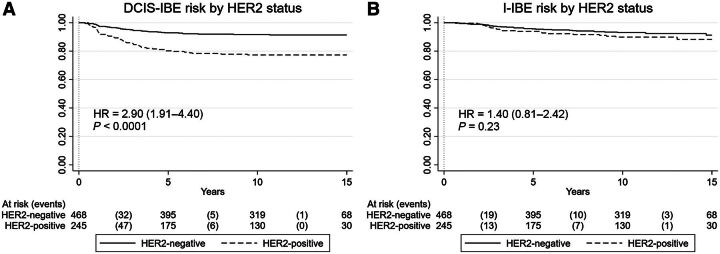 Figure 1. Ipsilateral recurrence risk by HER2 status. Kaplan–Meier survival plots of DCIS-IBE (A) and I-IBE (B) risk.