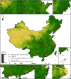 Figure 1 is a map of China. At the center, the map depicts the annual average maximum normalized difference vegetation index during the Study on Global Ageing and Adult Health study period, including provinces where the study was conducted and cities and municipalities where the study was conducted. A scale depicts maximum normalized difference vegetation index ranges from negative 0.69 to 1.00 in increments of 1.31. A scale depicts the kilometer ranges from 0 to 1,000 in increments of 500 and 1,000 to 2,000 in increments of 1,000. On the top and bottom, there are four maps that display the percentage of each chosen province or municipality that represents the incidence rate of depression throughout the research period. The provinces are: Shaanxi with 2.35 percent, Hubei with 2.36 percent, Shandong with 3.19 percent, Jilin with 2.62 percent, Yunnan with 3.00 percent, Guangdong with 1.65 percent, Zhejiang with 2.18 percent, and Shanghai with 0.56 percent.