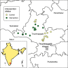 Figure 1 is a part of a map of Tamil Nadu, marking the airport weather station and the control and intervention villages in Tiruchirappalli. An outline map of India and the legend of the intervention statuses are inset.