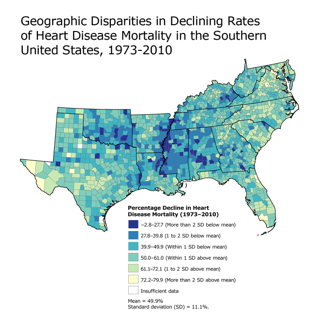 This map shows model-based, county-level percentage decline in heart disease death rates from 1973 to 2010 in the Southern United States. Counties are rendered in 6 shades, ranging from dark blue (heart disease death rates increased or decreased very little) to lighter blue (heart disease death rates decreased greatly). The few counties with insufficient data are shaded in white. During this 37-year period, the fastest declines occurred primarily on the East Coast and central and west Texas and the slowest declines were concentrated largely in the counties along the Mississippi River and parts of Kentucky, Oklahoma, and Alabama.